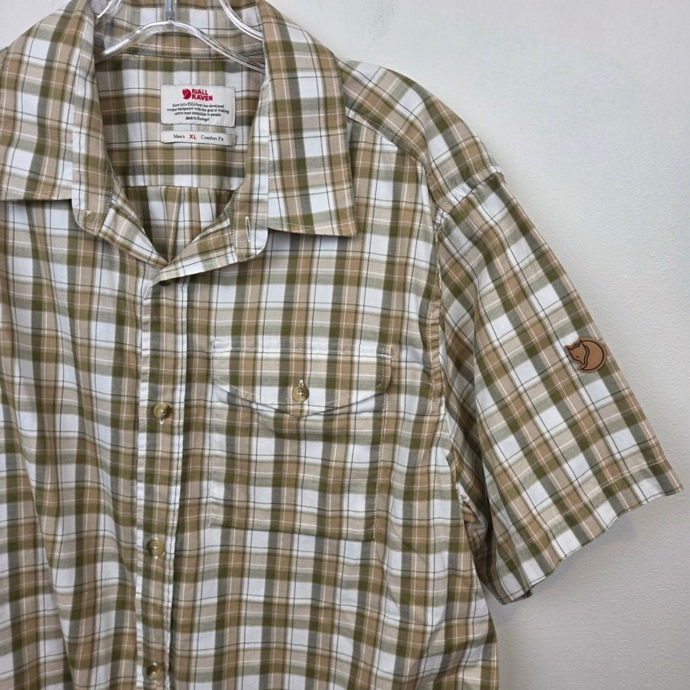 Fjallraven Singi Shirt Short Sleeve Mens XL Comfort Fit Plaid Tan Green 82446
